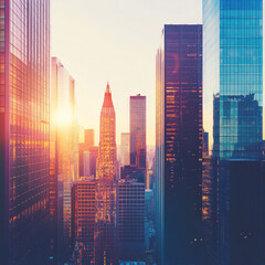 Fototapeta premium Sunlit urban skyline with tall modern skyscrapers reflecting a warm sunset glow, creating a striking mix of architecture and colors. The scene conveys vibrancy, city life, and modern urban design