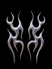 3D chrome metal shape. Y2k neo tribal icon. 3d rendering illustration on black isolated background.