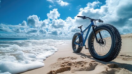 Fat tire bike on a sandy beach with ocean waves in the background
