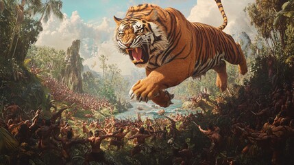 A fierce tiger leaps through a lush jungle, surrounded by a chaotic scene of tribal figures amidst vibrant greenery.