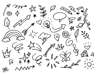 Doodle cute line elements, Black hand drawn vector elements, Simple sketch line style emphasis, attention, arrow, heart, love, star, leaf, sun, flower, crown, swirl