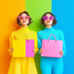 Obraz premium Trendy friends flaunting colorful shopping bags