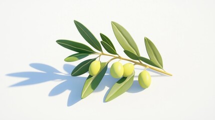 Green olives on branch with leaves and shadow.