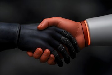 Closeup of intertwined hands of a human and an the harmony between organic and synthetic forms  Featuring a dark futuristic aesthetic with glowing neon accents and lighting