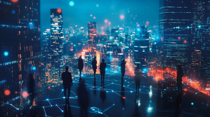Obraz premium Abstract business team stands on the peak of success amid tall, innovative Smart city and graphs with statistics to analyze business potential and predict future developments in company growth.