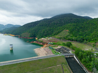 Aerial drone view of a reservoir dam scenery at Teluk Bahang in Penang Island, Malaysia