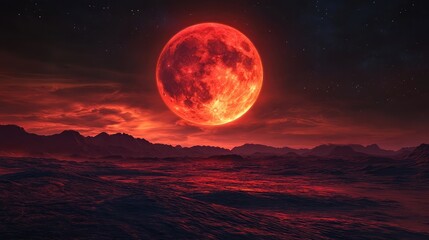 Fiery red moon glowing brightly against a deep, starless sky, dominating a barren landscape