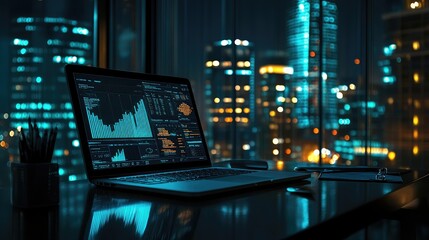 Obraz premium Finance and strategy visuals with interactive data on a laptop in a modern office