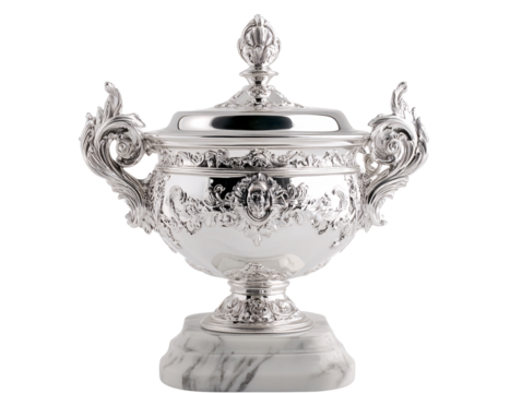 Isolated Decorated Silver Trophy Cup on Marble Base