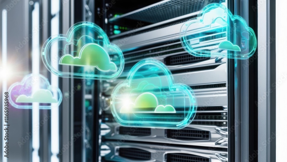 Poster a digital image showing server racks with floating cloud icons, symbolizing cloud computing and data