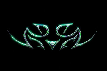 3D chrome metal shape. Y2k neo tribal icon. 3d rendering illustration on black isolated background.