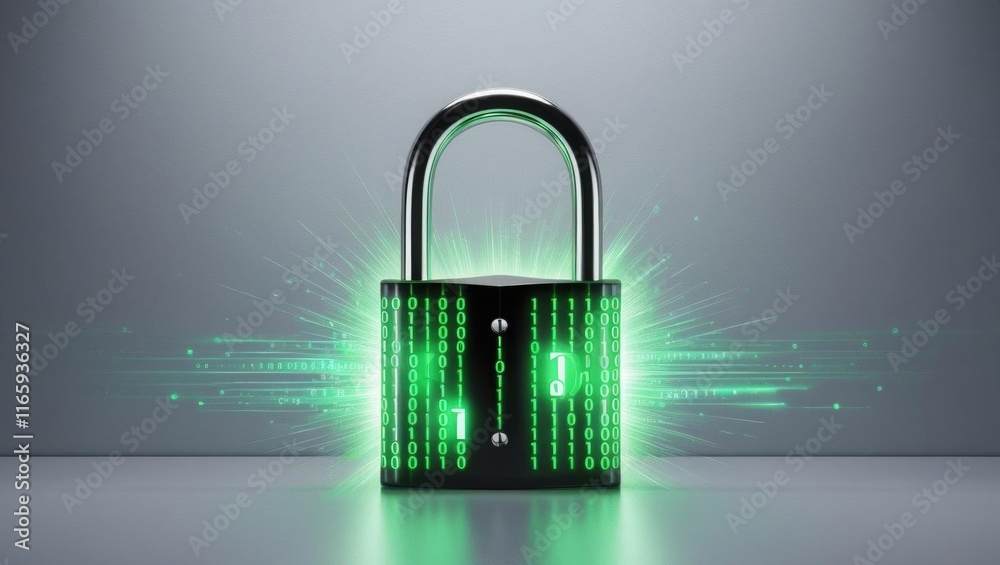 Poster a glowing digital padlock surrounded by green binary code, symbolizing cybersecurity and data protec