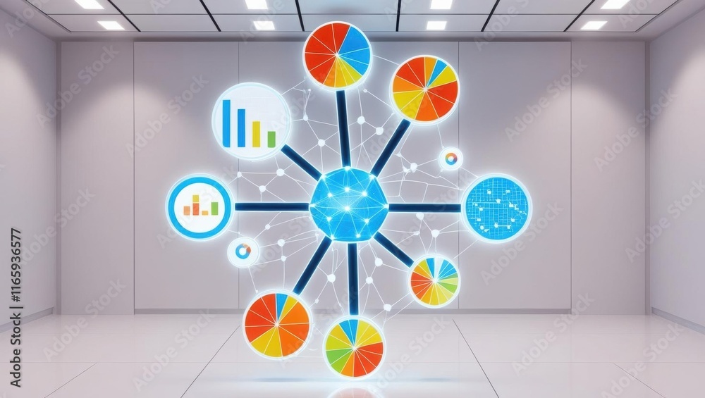 Poster a futuristic data visualization displays interconnected graphs and charts in a modern, minimalist en