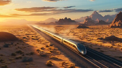 High-speed train traversing a desert landscape at sunset. (2)