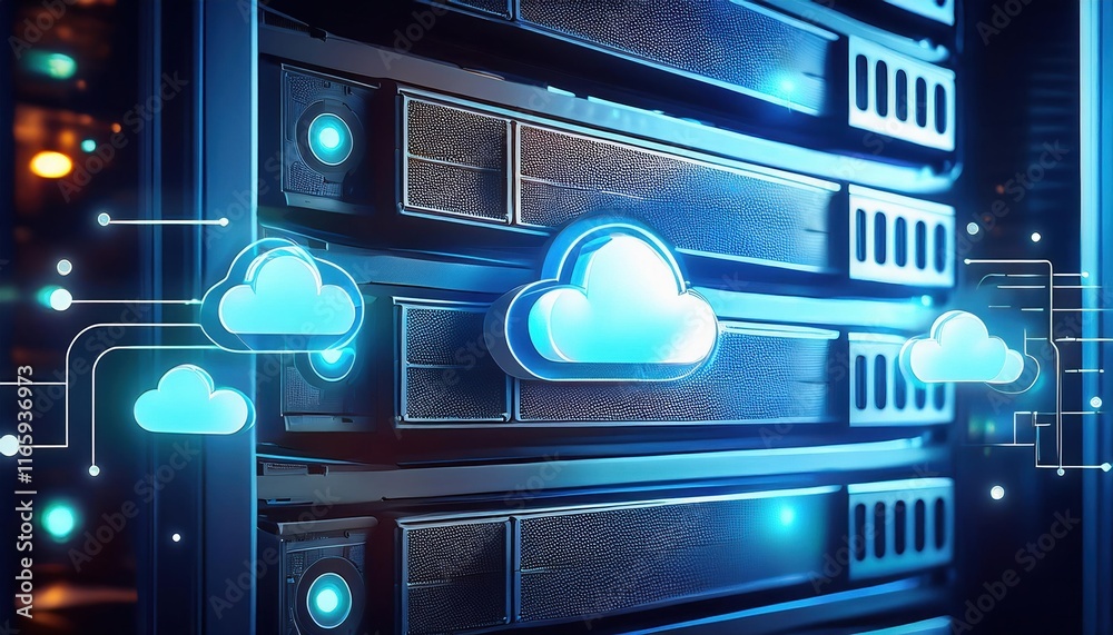 Poster a digital representation of cloud computing technology, featuring interconnected clouds and a server