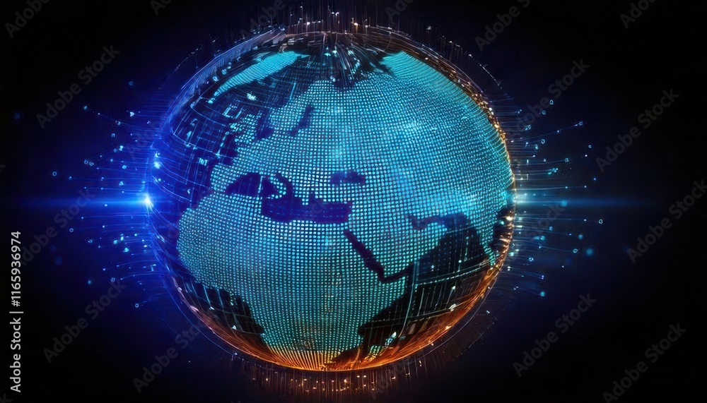 Poster a digital representation of earth featuring glowing elements and a network of data points, symbolizi