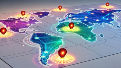 A colorful digital world map highlighting various locations with glowing markers, showcasing global connectivity and technological advancement.