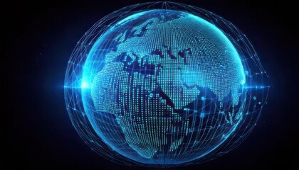 A digital representation of Earth in a futuristic, glowing, blue design with a network-like appearance, set against a dark background.