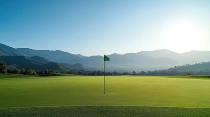 Flagstick on the green with distant mountains under a clear sky