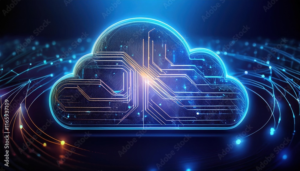 Poster a glowing cloud icon with digital circuitry, symbolizing cloud computing and data technology in a fu