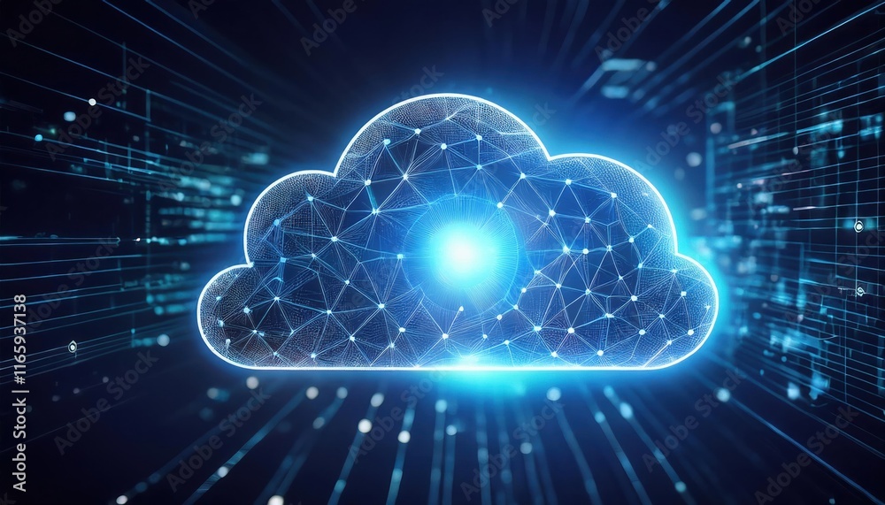 Poster a glowing digital cloud representing cloud computing, surrounded by data streams, symbolizing techno