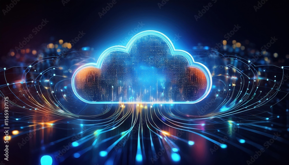 Poster a digital representation of a cloud symbol, featuring glowing lines and data streams, illustrating c