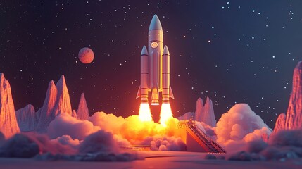 Obraz premium A sleek rocket blasting off from a distant planet, surrounded by vibrant hues of orange and purple under a starry sky.