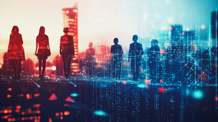 Fototapeta premium Abstract business team stands on the peak of success amid tall, innovative Smart city and graphs with statistics to analyze business potential and predict future developments in company growth.