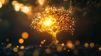 Glowing golden pixelated tree in nature.