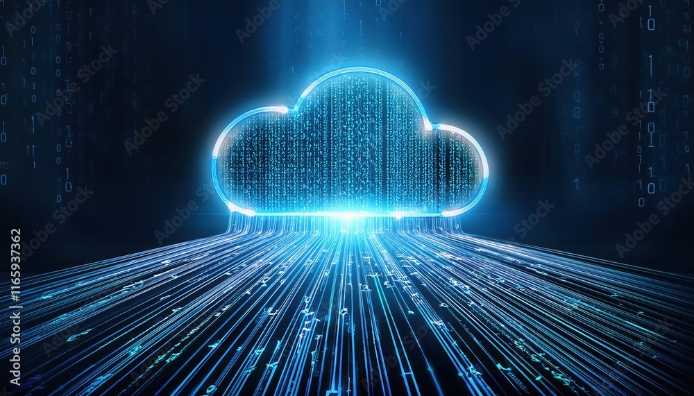 Aufkleber a glowing cloud icon surrounded by flowing binary code, representing digital storage and data transf