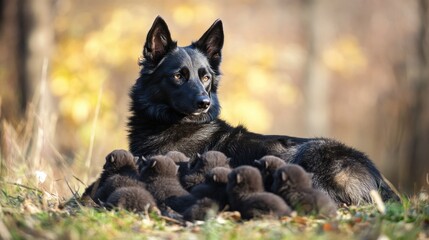 Naklejka premium A black dog watches over a group of adorable black puppies in a natural setting.