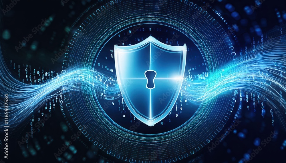 Poster a digital shield symbolizing cybersecurity, featuring a keyhole, surrounded by flowing binary data.
