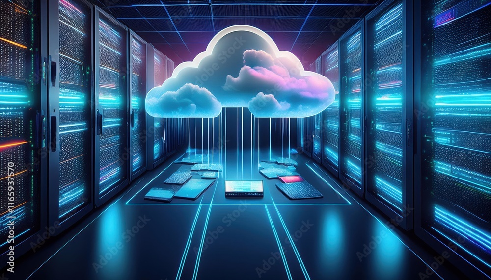 Poster a futuristic data center with glowing servers and a digital cloud symbolizing cloud computing and da