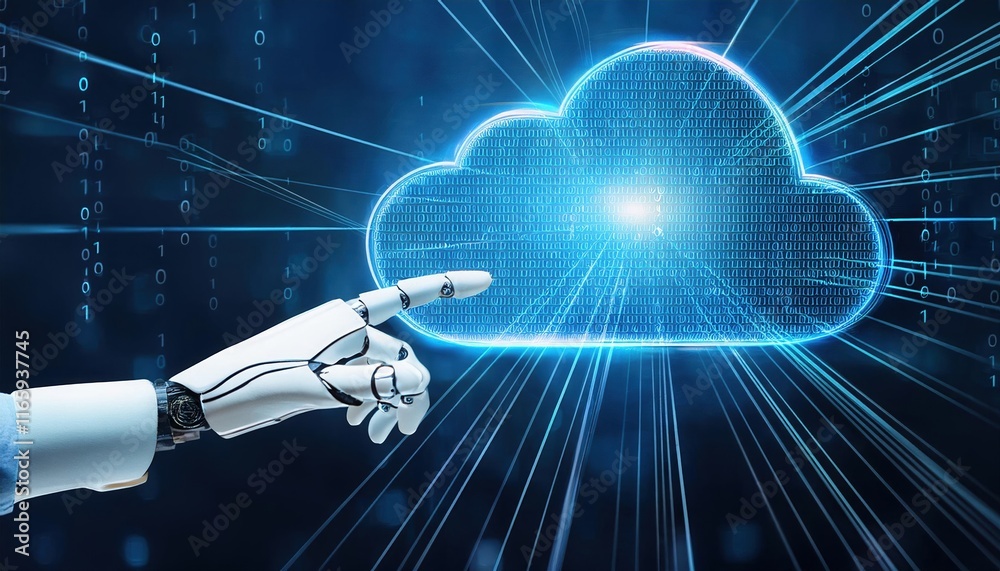 Poster a robotic hand points at a digital cloud, symbolizing the connection between artificial intelligence