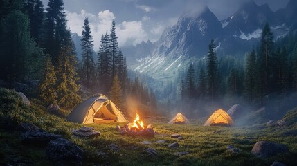 Forest camping near majestic mountains, featuring illuminated tents and a roaring campfire