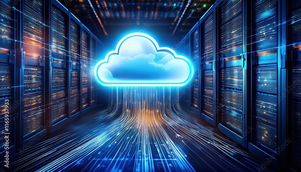 Poster a futuristic data center featuring a glowing cloud symbol, representing cloud computing and data sto