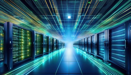 Obraz premium A futuristic data center with rows of servers, illuminated by vibrant blue and green lights, showcasing advanced technology and connectivity.