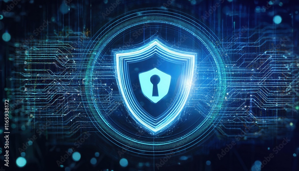 Poster a digital shield with a keyhole surrounded by circuit patterns, symbolizing cybersecurity and data p