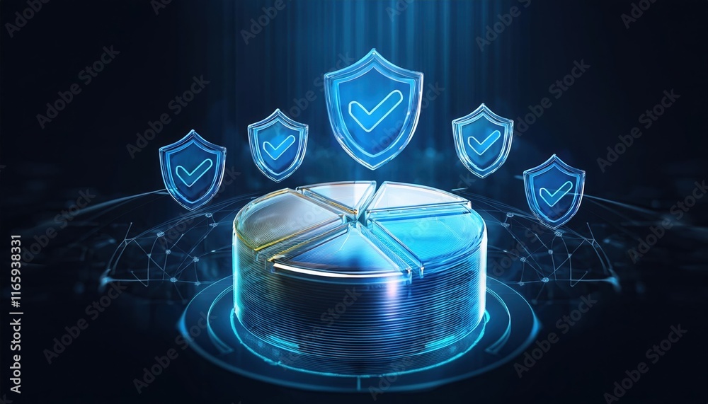 Poster a futuristic representation of data security, showcasing a segmented disk with glowing shields symbo