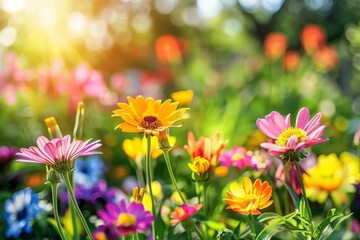 Fototapeta premium A lively garden bursting with colorful flowers, bathed in warm sunlight, features daisies and various blossoms surrounded by lush greenery in springtime bliss.