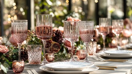 Elegant table setting with rose-colored drinks and floral centerpiece.