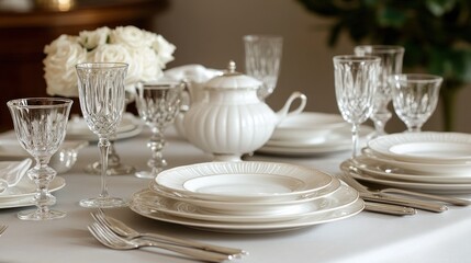 Elegant white tableware setting with roses.