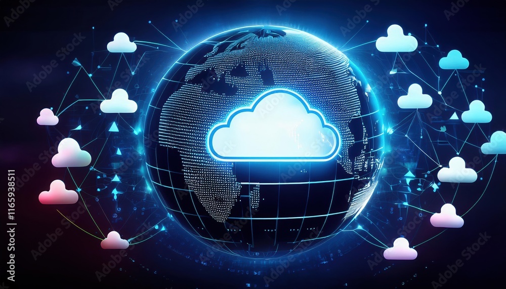 Poster a digital representation of a global network, featuring a central cloud icon surrounded by interconn