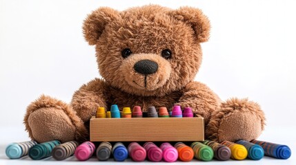 Teddy bear, crayons, wooden box, child's art supplies.