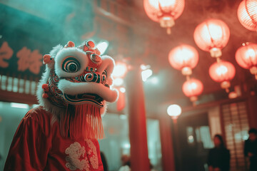 Obraz premium A lion dance performance in front of glowing lanterns and firecrackers, showcasing the rich traditions and festive spirit of the Chinese New Year.