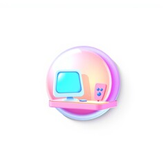 Stylized computer setup on colorful round background