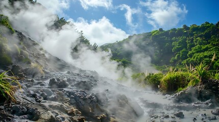 Intense steam rises from rugged volcanic rock terrain against a lush green tropical hillside.