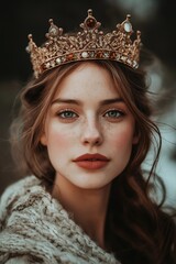 Fototapeta premium An enchanting young woman with a crown in a serene winter landscape.