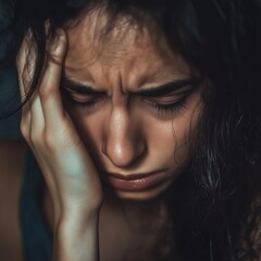Fototapeta premium A young woman with furrowed brows holds her head in distress, capturing an intense emotional moment.