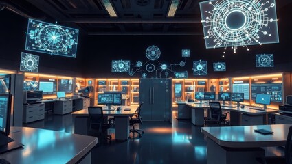 Futuristic Tech Control Room Monitoring Network Systems